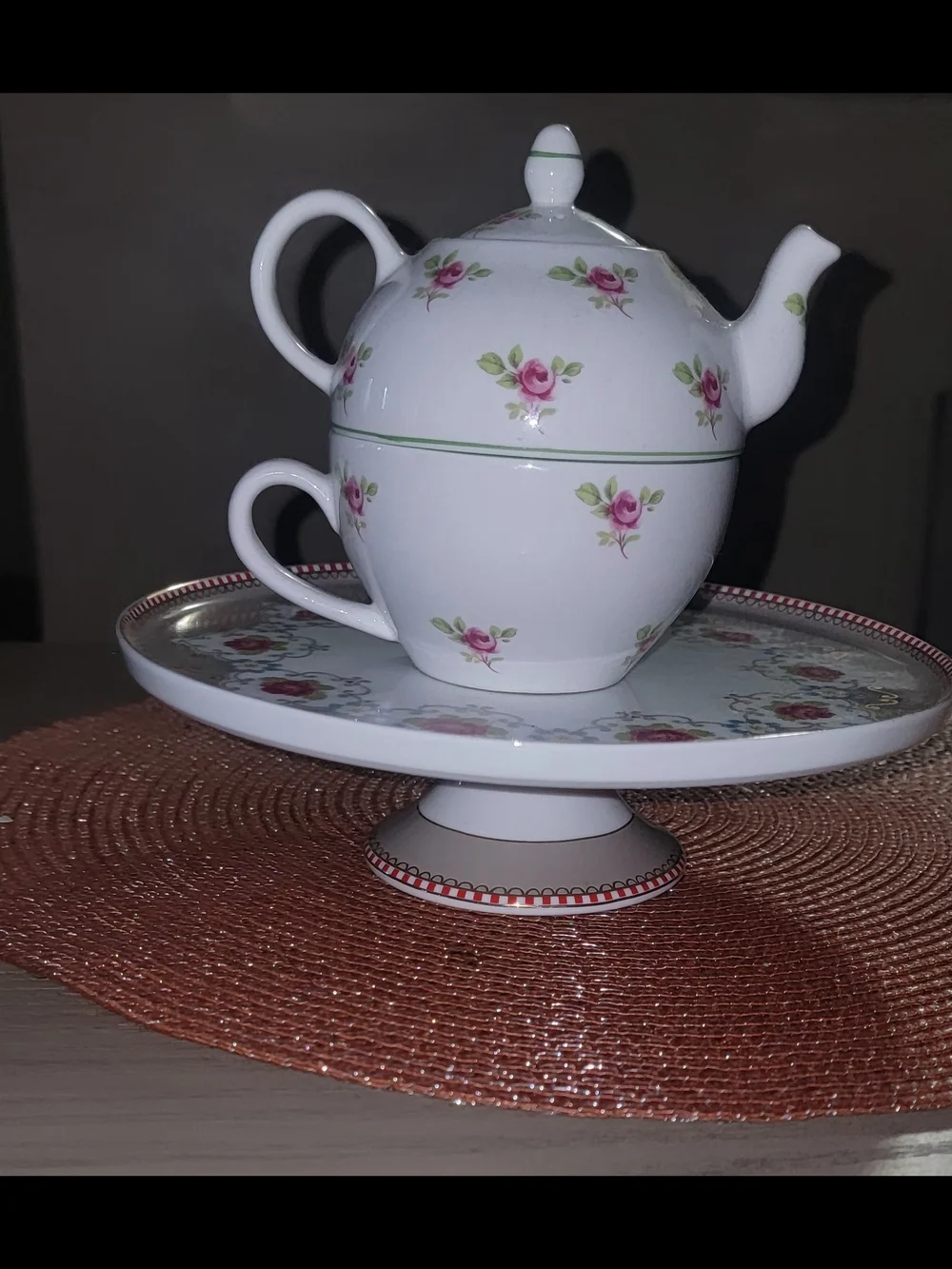 White Teapot and Cup Set with Pink Rose Pattern With CAKE STAND